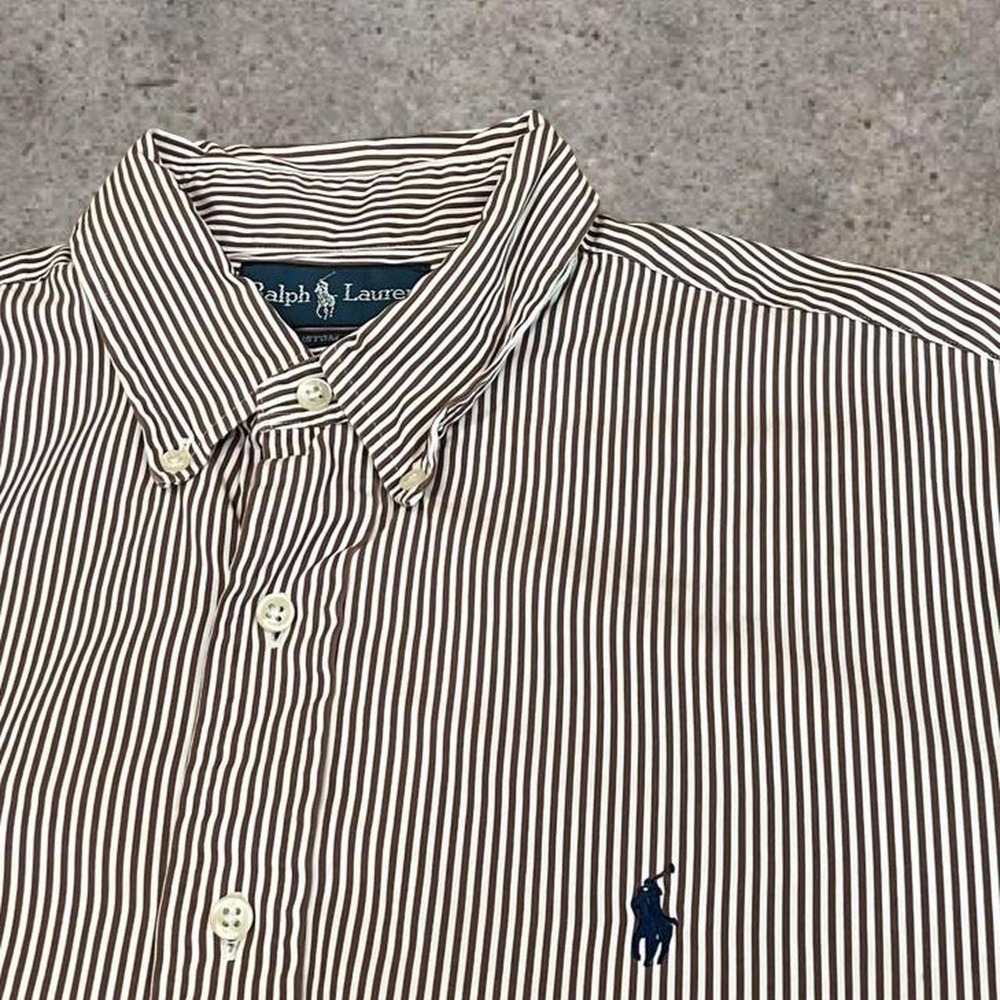 Vintage Polo Ralph Lauren Brown White Stripe Casual Dress Button Shirt Large